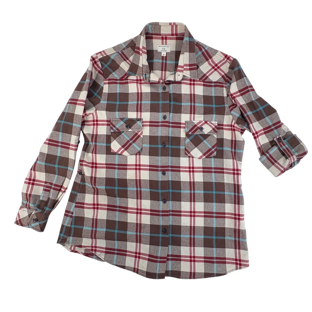 MATCHSTICK Women's Flannel Plaid Shirt Long Sleeve‎ Button Up XL Brown Red Blue